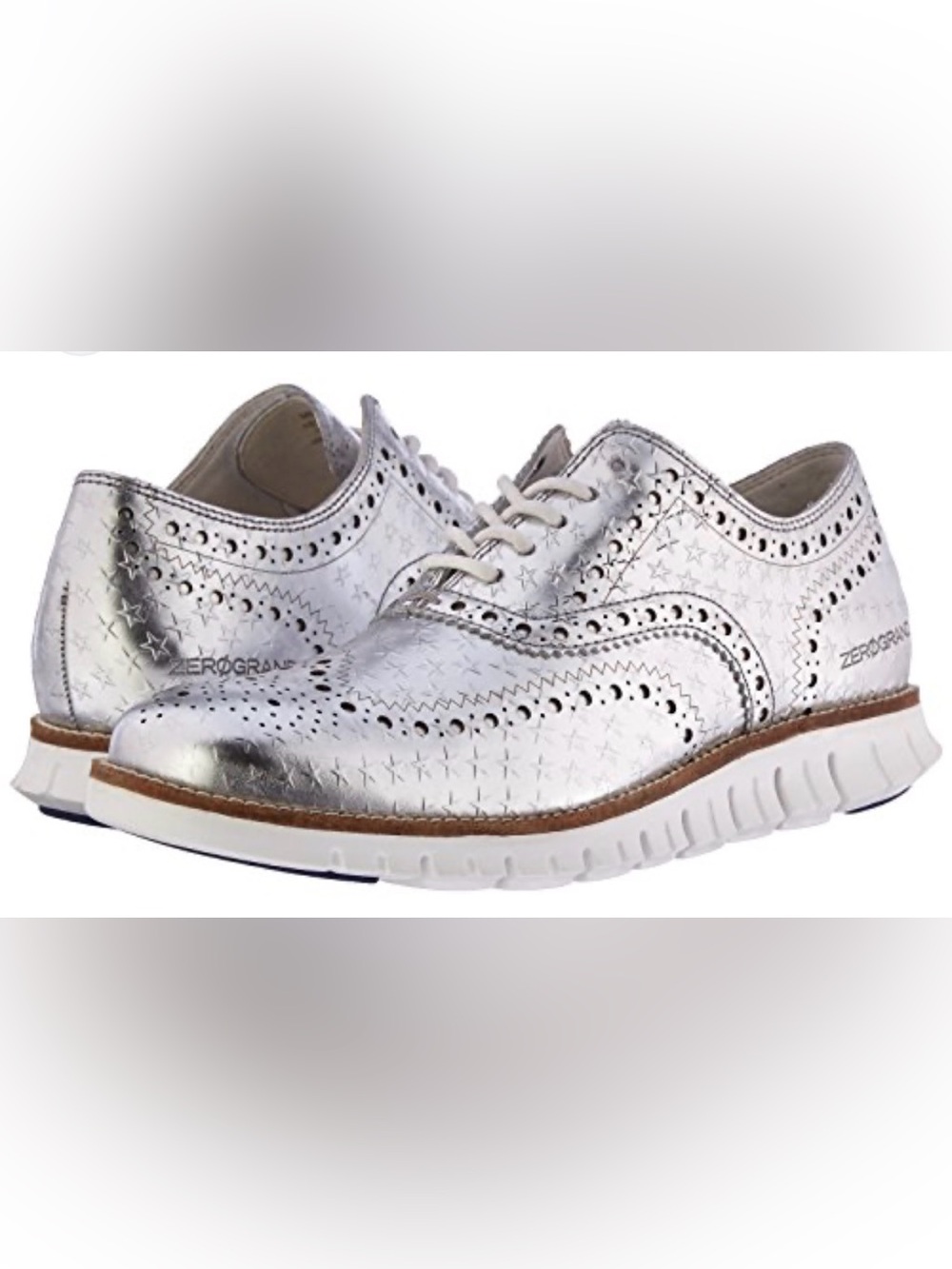 RARE Cole Haan Men's Zerogrand Wingtip Silver Metallic Star Shoes 12m No Laces